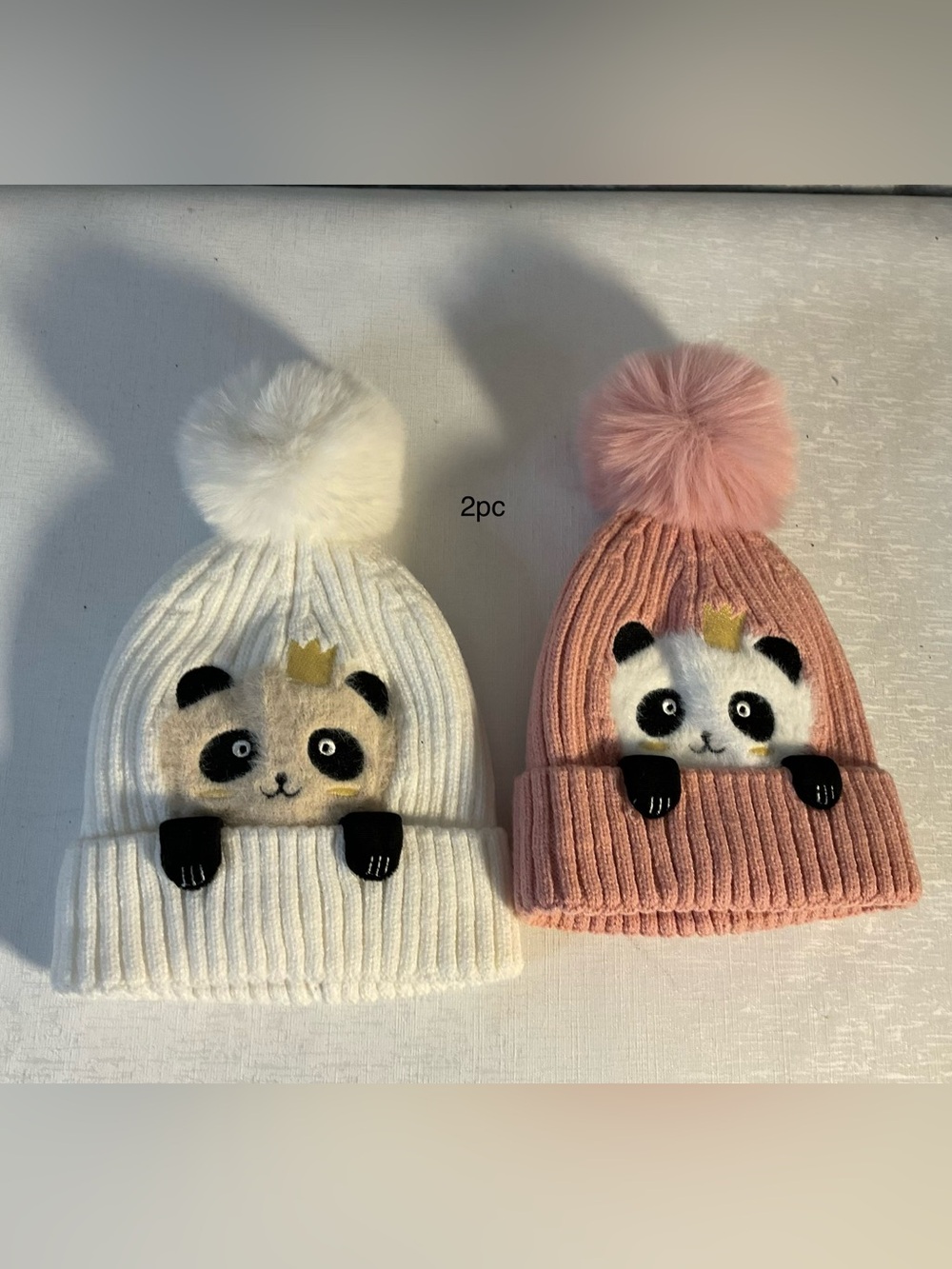 Kids Panda Pom-Pom Beanie Hat - White & Pink (2pc)